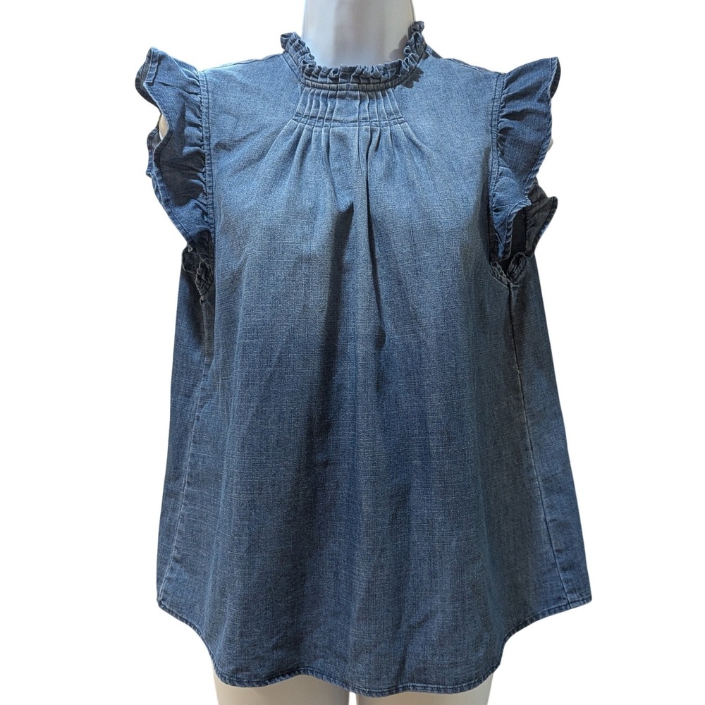 Cupshe Prairie Days Denim Top Womens‎ Blue Ruffle Neck Sleeveless Blouse Medium